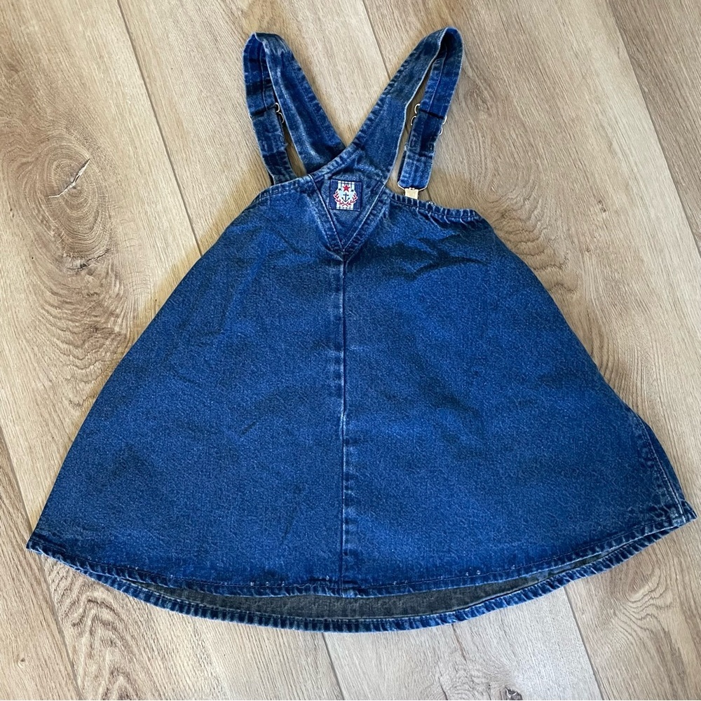 OshKosh Girls Vintage Skirtall Overall Denim Blue Nautical Logo 5T - Picture 2 of 8